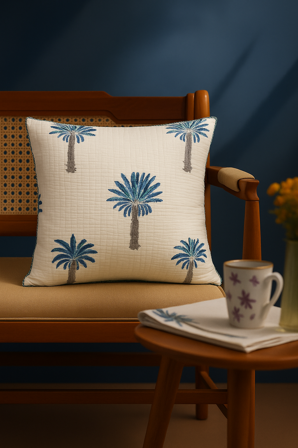 Blue Palm quilted Cushion Cover