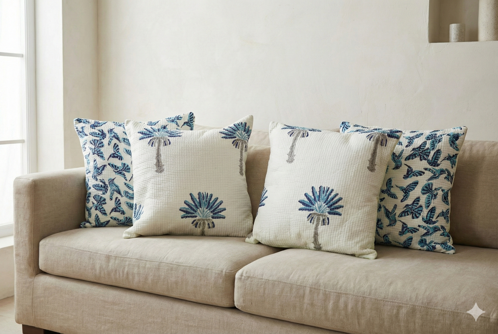 Blue Palm quilted Cushion Cover