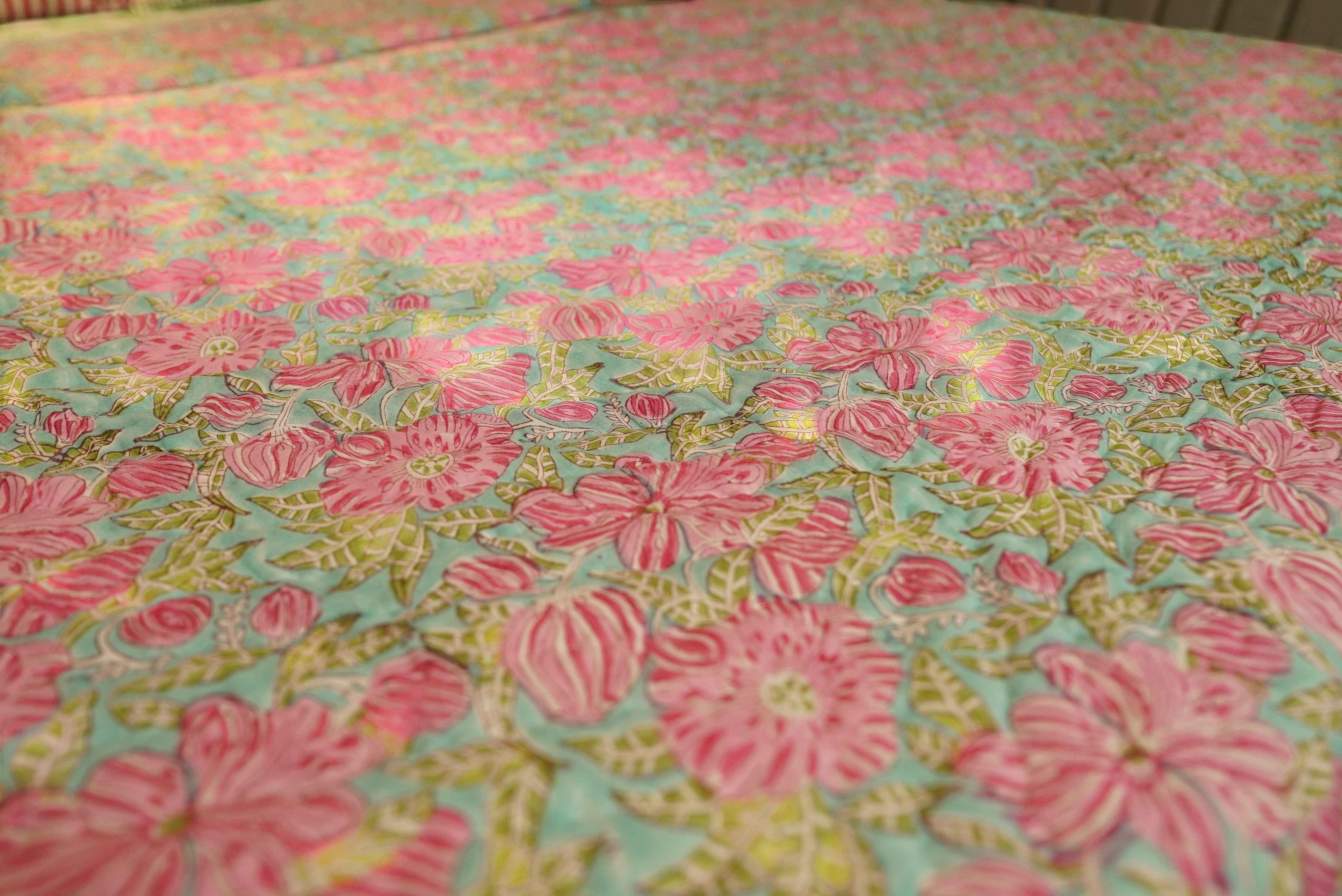 Pink Meadow Hand-Quilted Reversible Mulmul Cotton Razai / Quilt