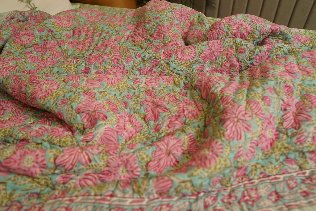 Pink Meadow Hand-Quilted Reversible Mulmul Cotton Razai / Quilt