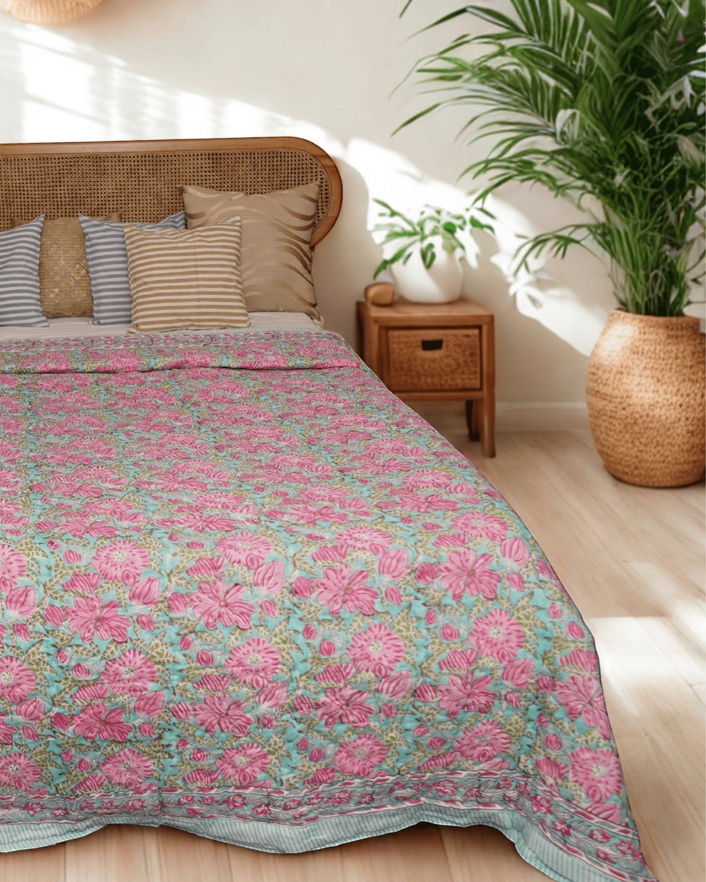 Pink Meadow Hand-Quilted Reversible Mulmul Cotton Razai / Quilt