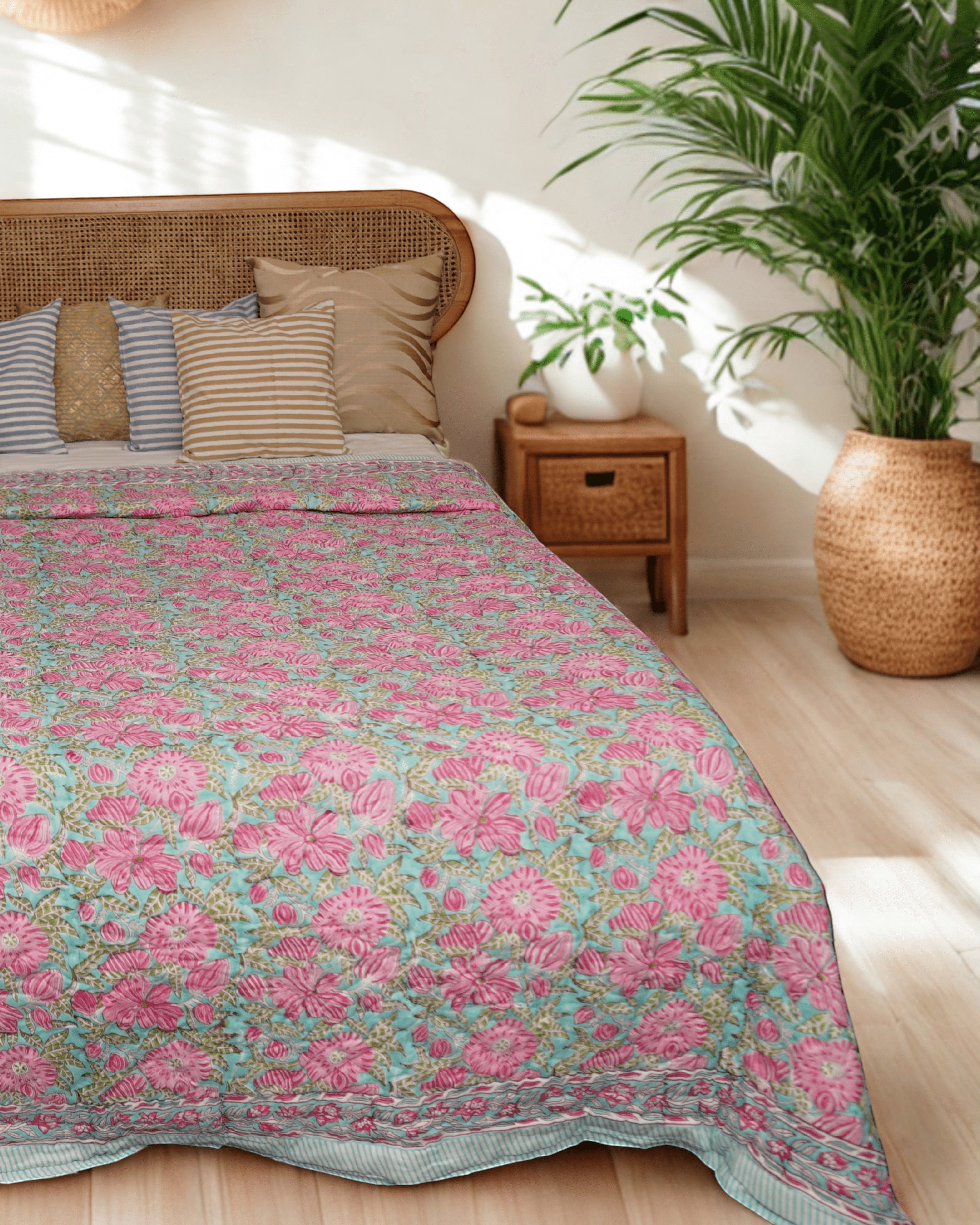 Pink Meadow Hand-Quilted Reversible Mulmul Cotton Razai / Quilt