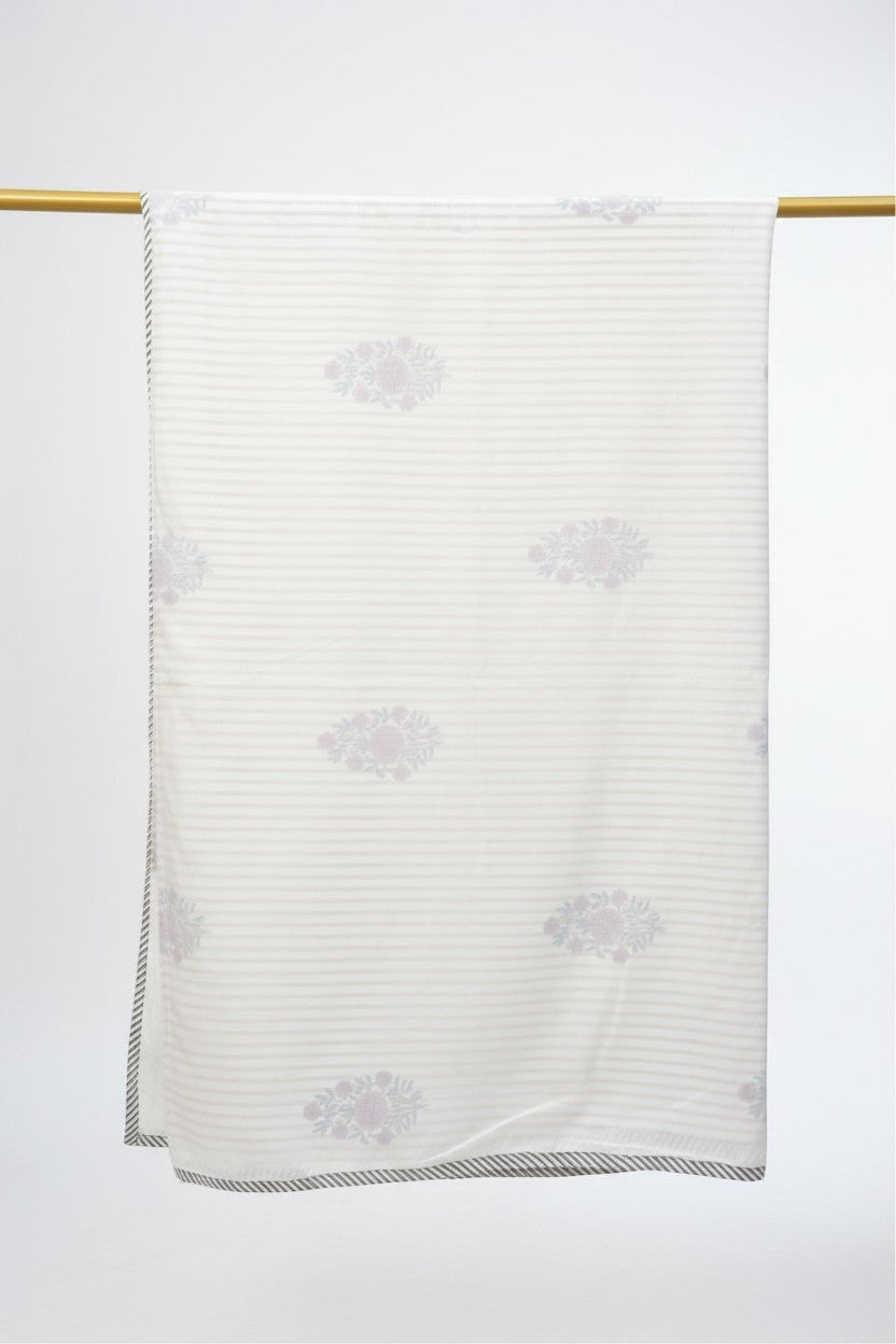 nindhaara.com Gul Dhari pure cotton mulmul dohar with pastel floral bouquets on a striped ivory base.