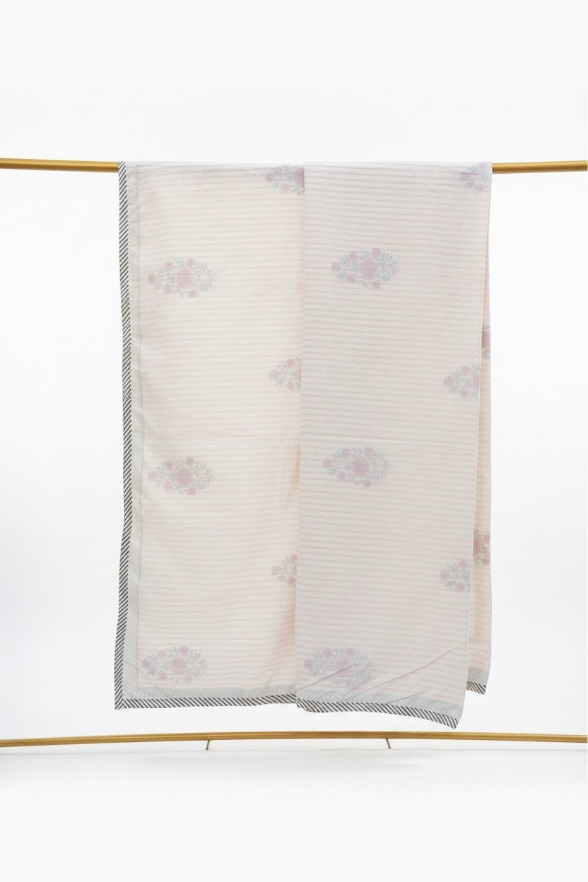 nindhaara.com Gul Dhari pure cotton mulmul dohar with pastel floral handblock prints on an ivory striped base.