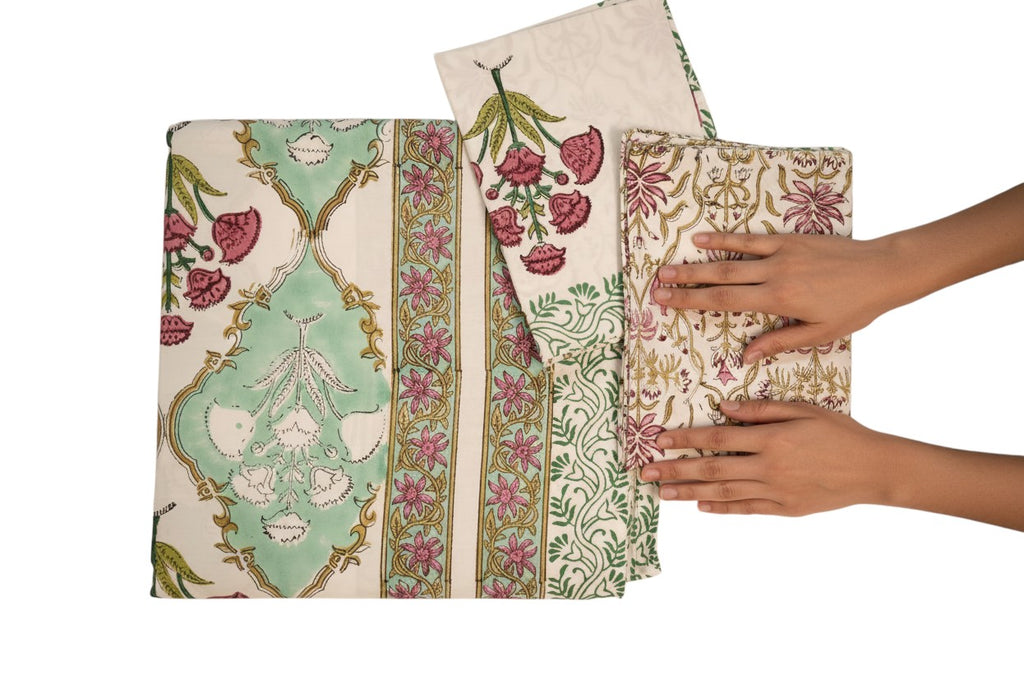 nindhaara.com Mogra Mehfil handblocked percale cotton bedsheet set with floral print in green and pink