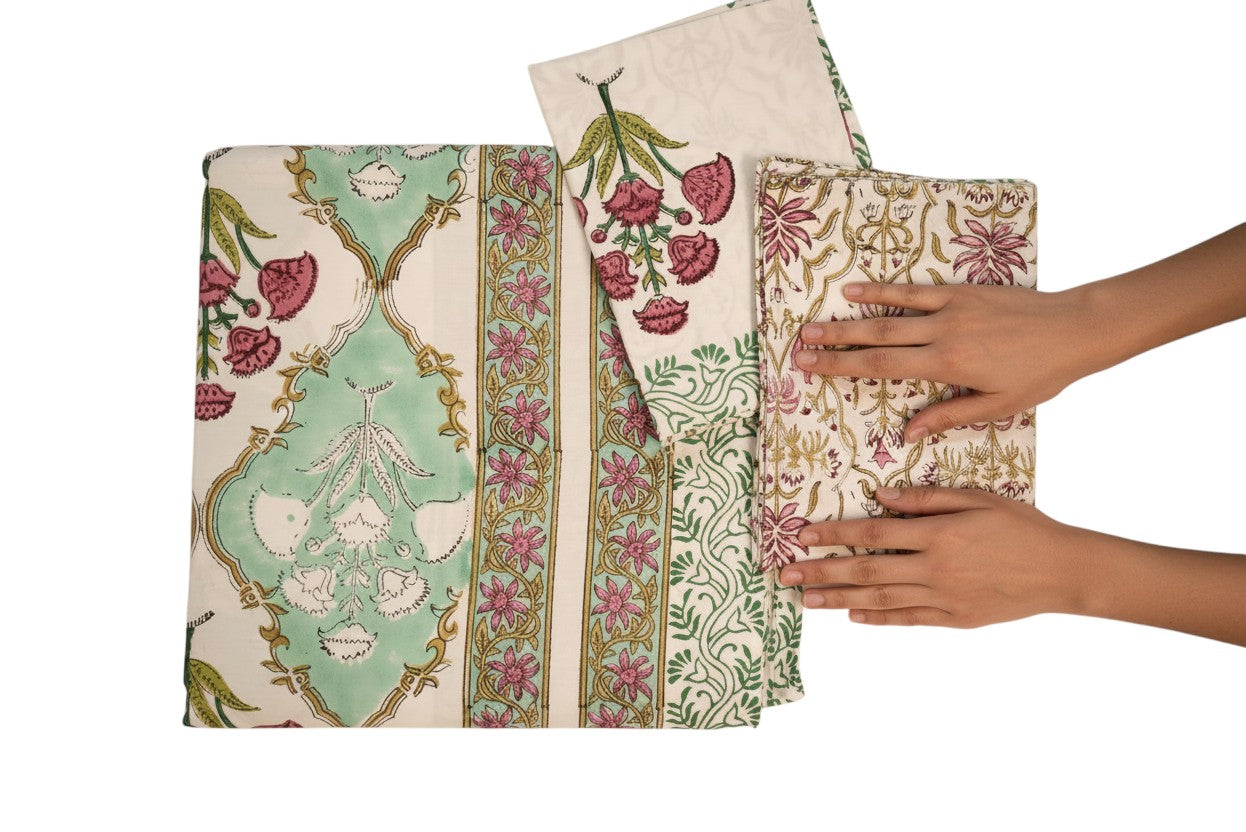nindhaara.com Mogra Mehfil handblocked percale cotton bedsheet set with floral print in green and pink