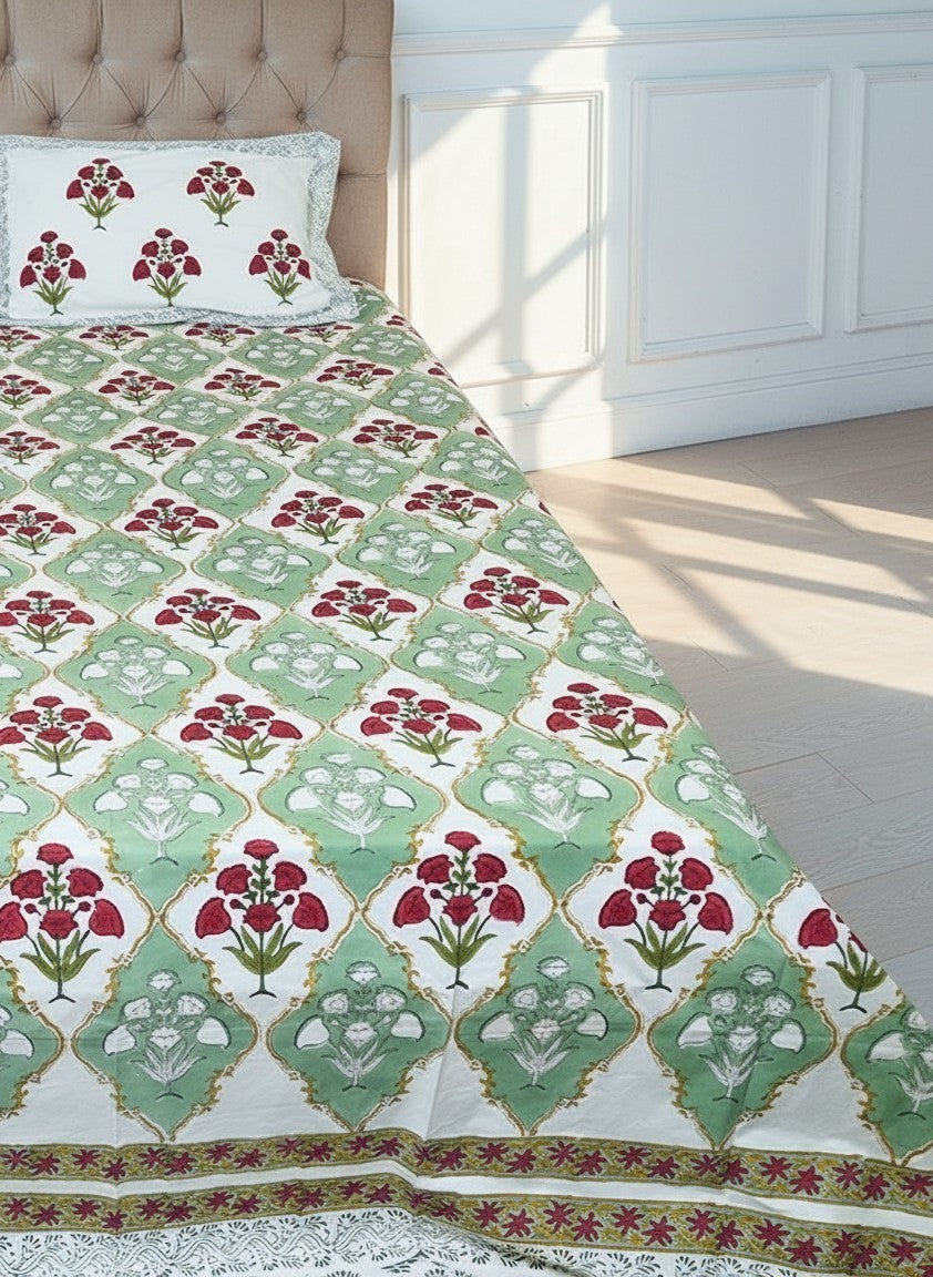 nindhaara.com Mogra Mehfil handblocked percale cotton bedsheet with green and red floral diamond pattern on white