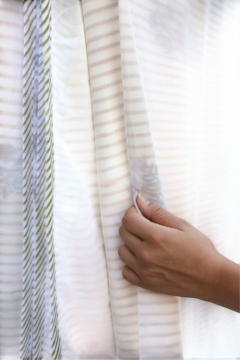 nindhaara.com Gul Dhari handblock printed mulmul cotton dohar featuring pastel floral bouquets on ivory striped fabric