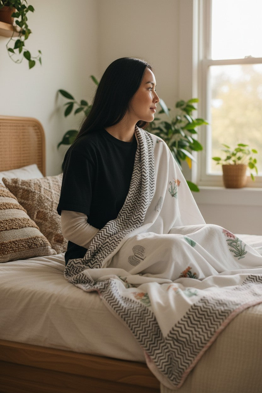 nindhaara.com Bagh-E-Savera reversible mulmul cotton dohar with hand-block floral print draped over a woman on a bed.