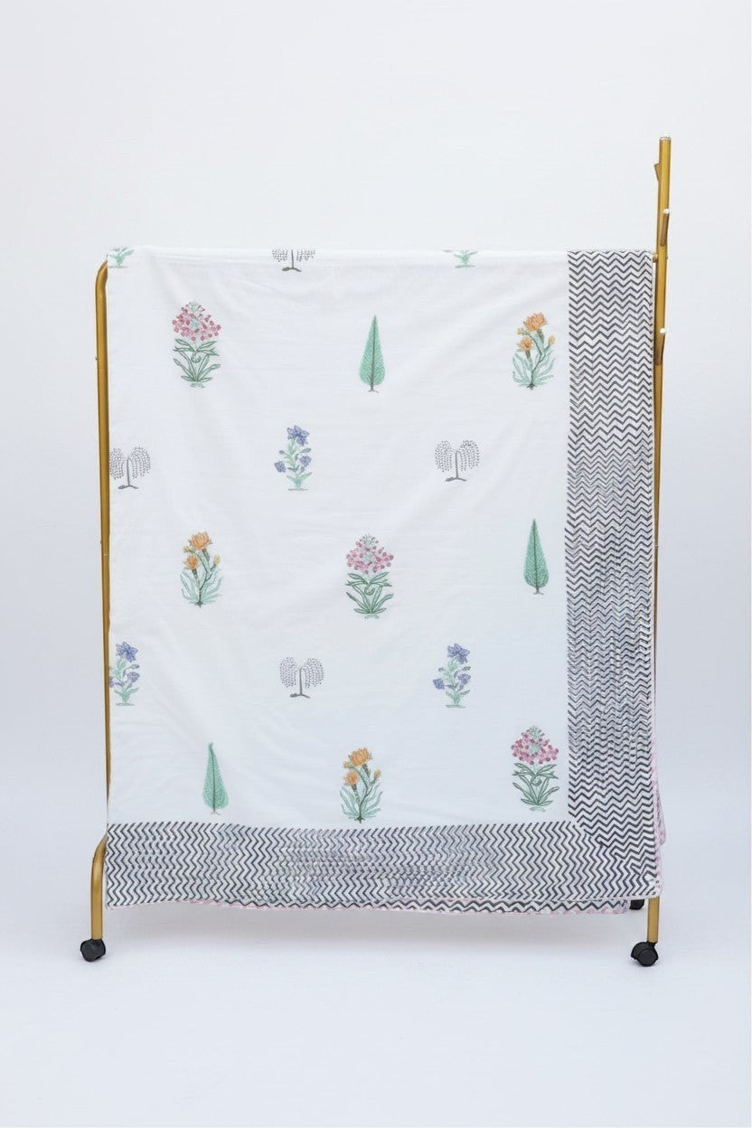 nindhaara.com Bagh-E-Savera reversible mulmul cotton dohar with hand-block floral prints and grey chevron border.